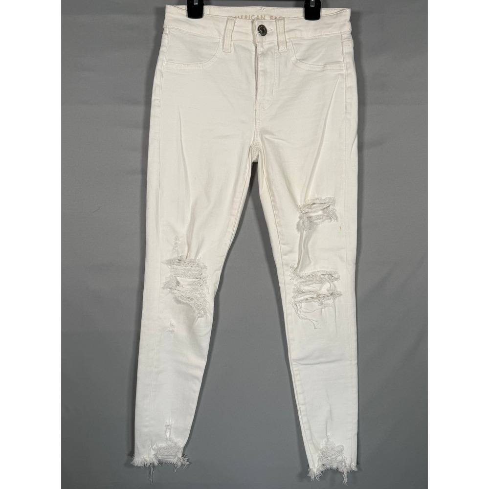 American Eagle White Hi Rise Jegging Distressed Ripped Raw Hem Jeans Sz 2 Short‎